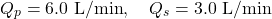 \[ Q_p = 6.0 \ \text{L/min}, \quad Q_s = 3.0 \ \text{L/min} \]
